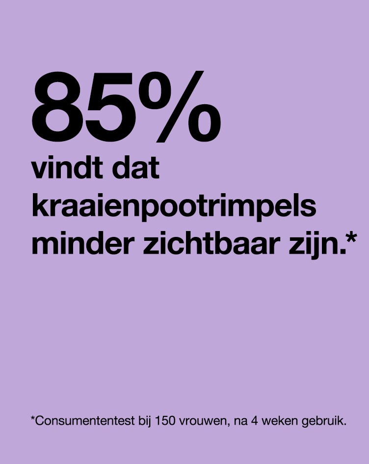 94% nam een gladdere huid waar. 84% zag zichtbare verjonging. 87% ervaart een vollere huid. *Consumententest bij 358 vrouwen n