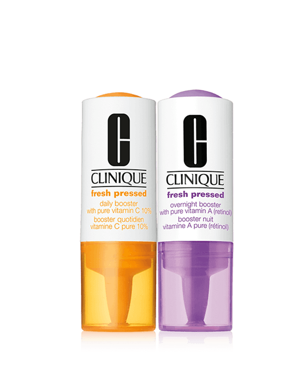 Clinique Fresh Pressed Clinical™ Daily and Overnight Boosters With Pure Vitamins C 10% + A (Retinol), Notre plus frais, plus puissant système booster anti-âge jour/nuit.