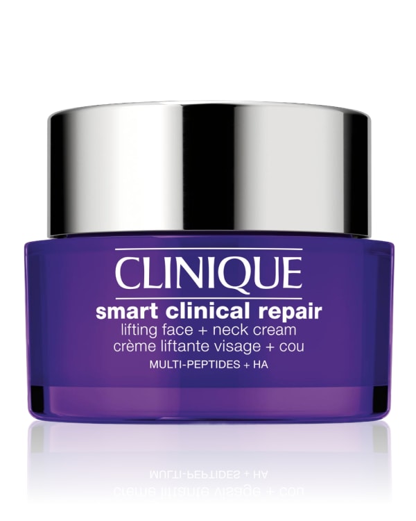 Smart Clinical Repair Lifting Face + Neck Cream, Een vochtinbrengende mix met hyaluronzuur helpt de huid te hydrateren en zichtbaar fijne, droge lijntjes op te vullen.