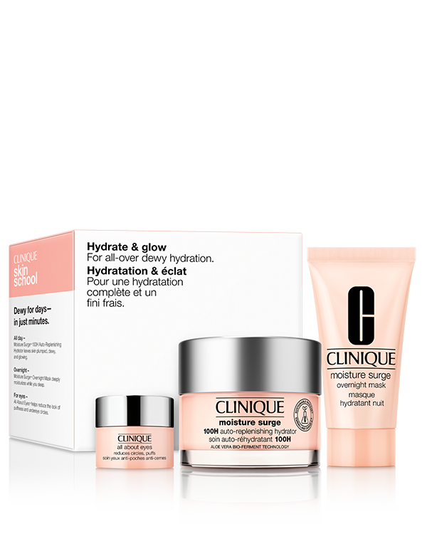 Hydrate + Glow Skincare Set, 3 favoris de soins de la peau pour une hydratation profonde, incluant notre best-seller Moisture Surge™ 100H Hydrator en grand format.