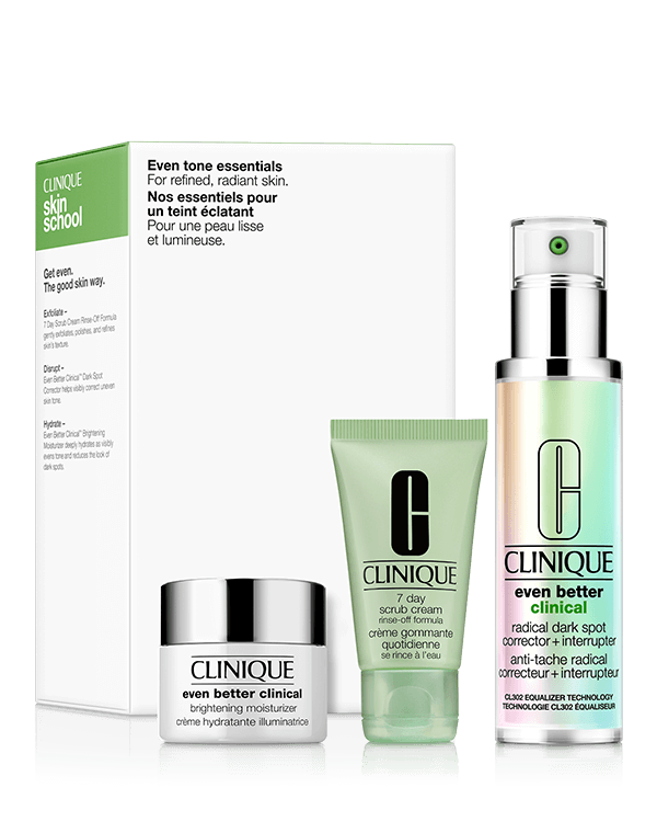 Even Tone Essentials Skincare Set, 3 experts en soins de la peau pour une peau raffinée et radieuse.
