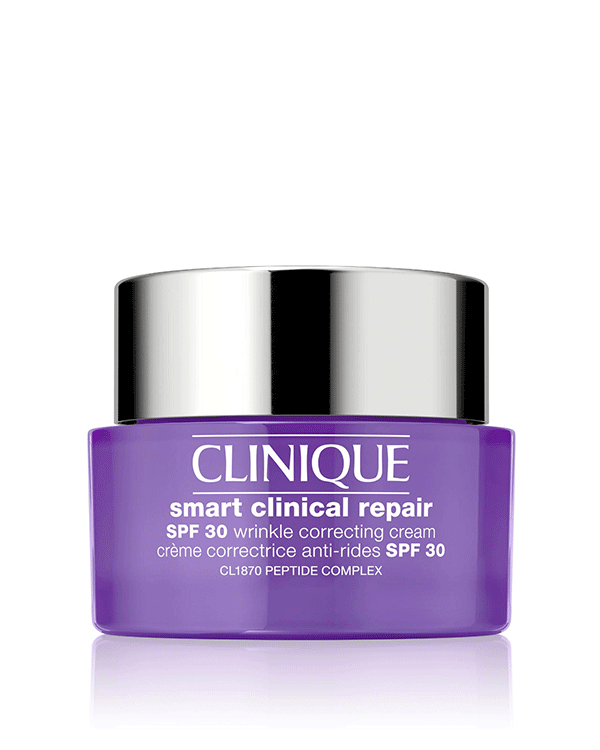 Clinique Smart Clinical Repair™ SPF 30 Wrinkle Correcting Cream, Deze vochtinbrengende crème tegen rimpels helpt de huid te versterken en te voeden voor een gladdere, jongere uitstraling, terwijl het de huid beschermt tegen UV-stralen dankzij de extra zonnebescherming.