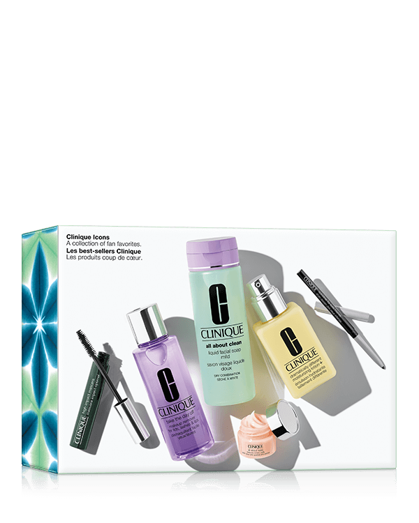 Clinique Skincare and Makeup Icons, &lt;div&gt;Een verzameling favorieten van fans voor een frisse uitstraling.&lt;/div&gt;&lt;div&gt;&lt;br&gt;&lt;/div&gt;&lt;div&gt;De set bevat:&lt;/div&gt;&lt;div&gt;&lt;ul&gt;&lt;li&gt;All About Clean™ Liquid Facial Soap Mild, 6.7oz/200ml&lt;/li&gt;&lt;li&gt;Dramatically Different Moisturizing Lotion+™, 4.2oz/125ml&lt;/li&gt;&lt;li&gt;Take The Day Off™ Makeup Remover For Lids, Lashes &amp; Lips, 4.2oz/125ml&lt;/li&gt;&lt;li&gt;All About Eyes™, 0.17oz, 5ml&lt;/li&gt;&lt;li&gt;High Impact™ Mascara in Black, 0.28oz/7ml&lt;/li&gt;&lt;li&gt;Quickliner™ For Eyes Intense in Intense Black, 0.005oz/0.14g&lt;/li&gt;&lt;/ul&gt;&lt;br&gt;Parabeenvrij, ftalaatvrij, geurvrij.&lt;/div&gt;